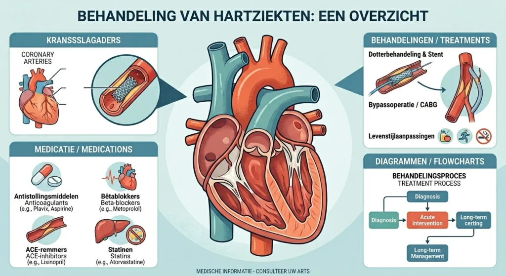 Behandeling van hartziekten diagram met hart en bloedvaten en medicatie bij hartziekten uitleg