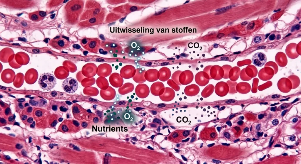 Close-up van haarvaten (capillairen) en uitwisseling van stoffen. Bloedsomloop