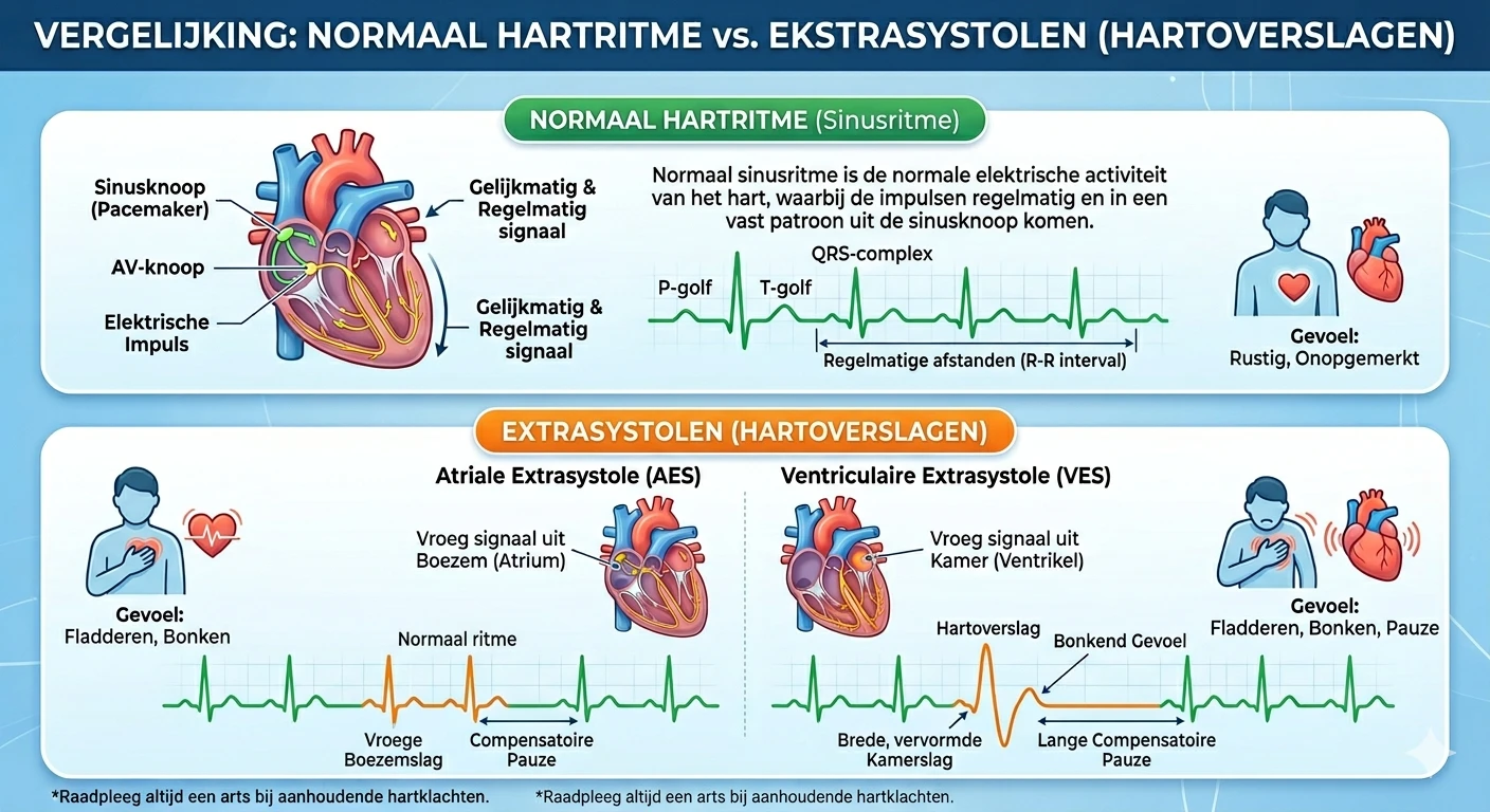 Diagram van hartritmestoornis met hartoverslagen en bonkend gevoel en normale hartslag vergelijking