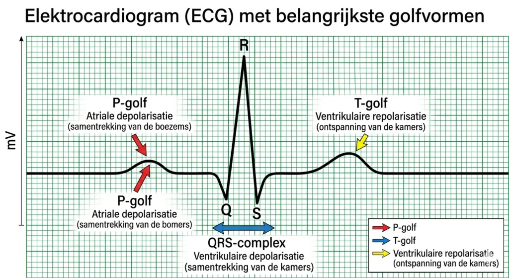ECG grafiek met uitleg van P-top QRS-complex en T-top ECG uitslag uitleg hartonderzoek