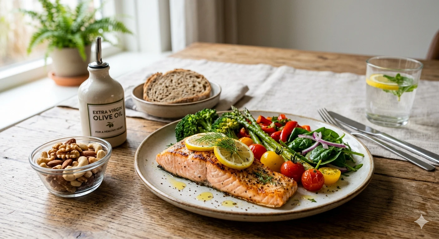 cardiologische zorg en behandeling van hartziekten in Nederland. Gezonde voeding voor hart en bloedvaten met groenten en vis.