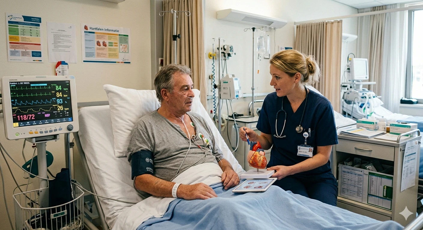 Hartfalen behandeling patiënt met kortademigheid en arts uitleg hartfunctie therapie