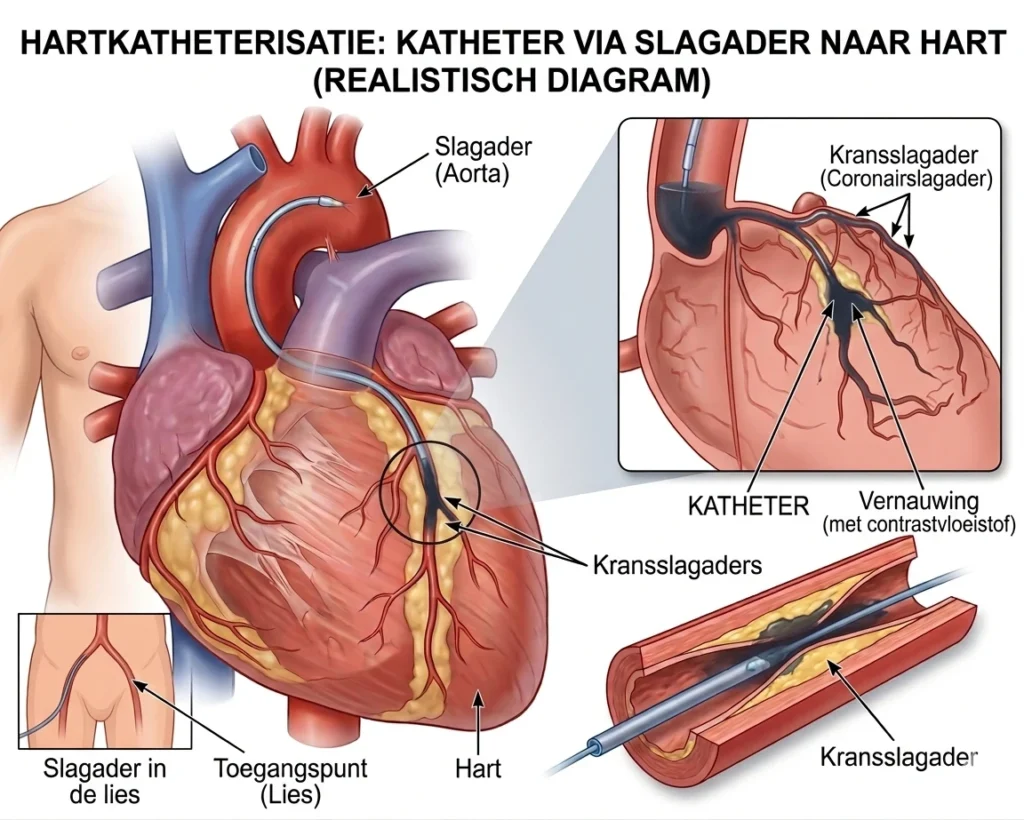 Hartkatheterisatie procedure met katheter in kransslagader en contrastvloeistof zichtbaar_resultaat