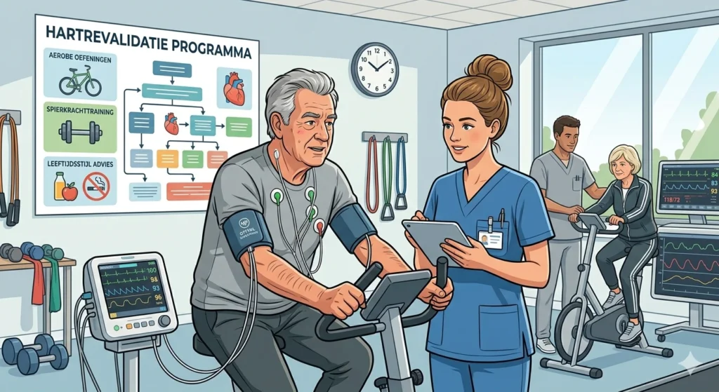 Hartrevalidatie na hartinfarct sportoefeningen in kliniek begeleid door fysiotherapeut hartfalen