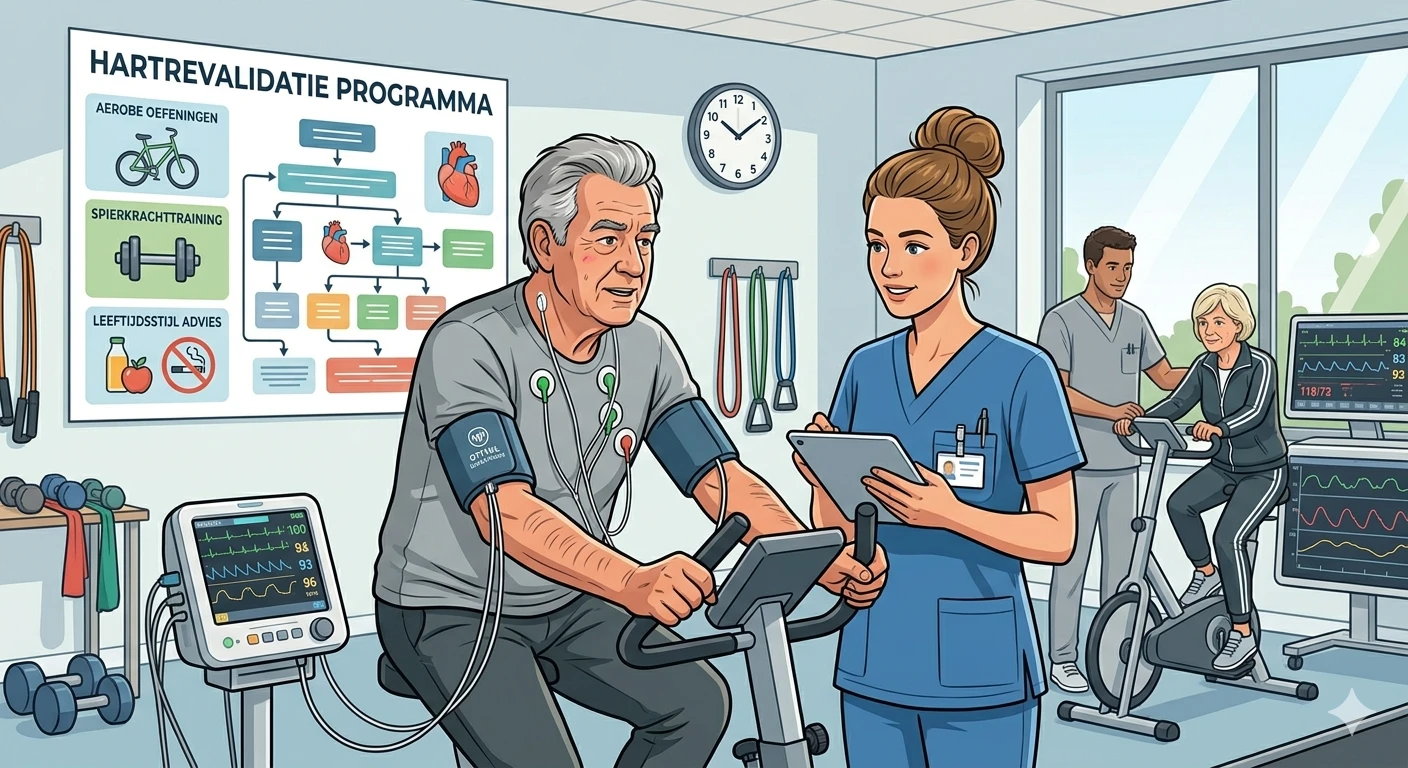 Hartrevalidatie na hartinfarct sportoefeningen in kliniek begeleid door fysiotherapeut hartfalen