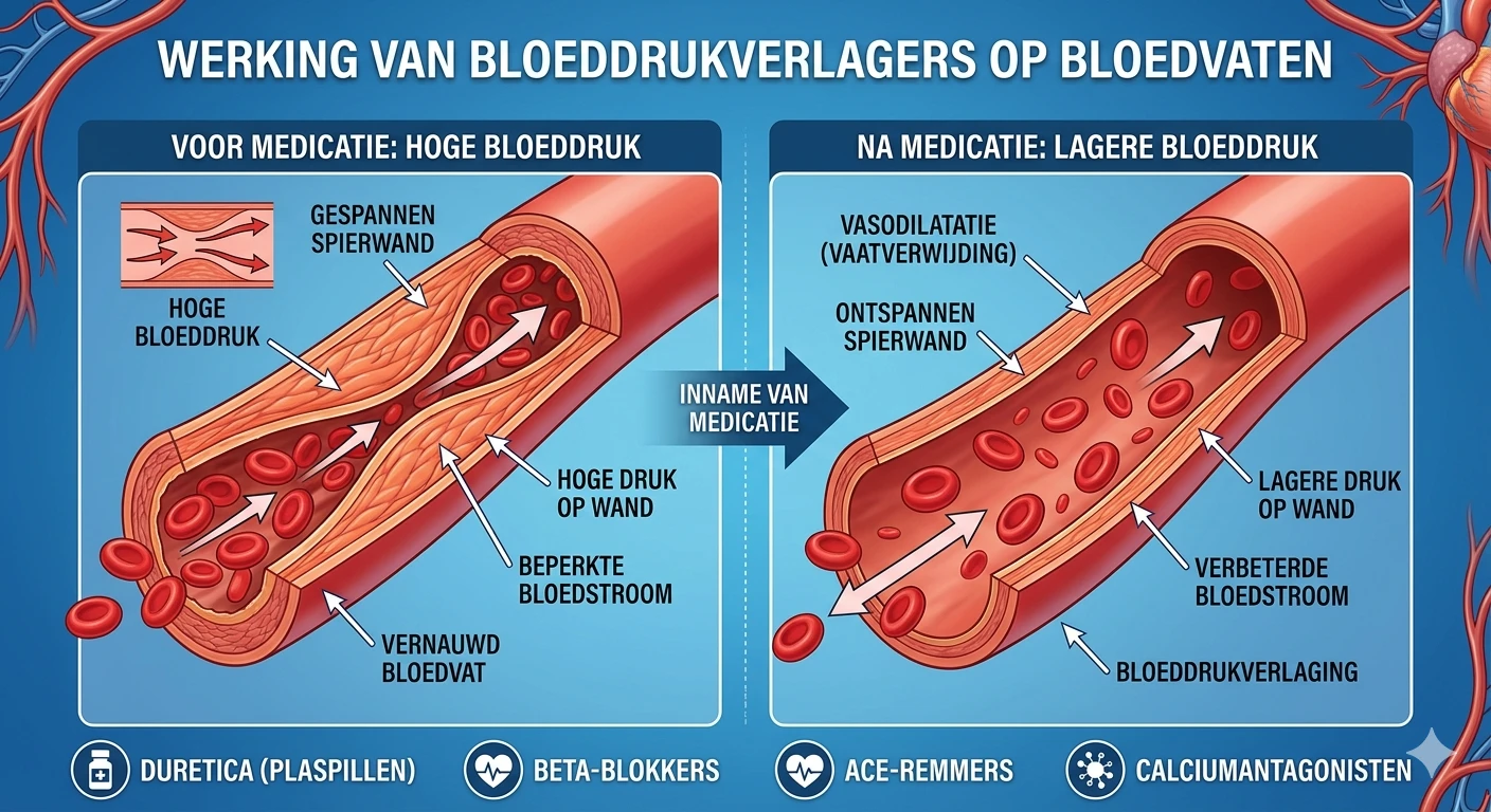 Illustratie van bloeddrukverlagers en hun werking bloeddrukverlagers op bloedvaten