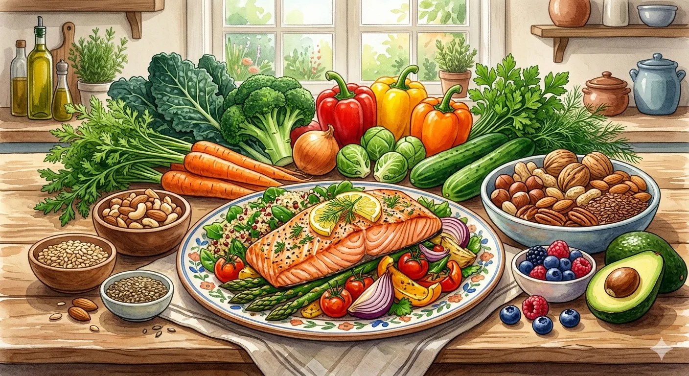 Illustratie van hartgezonde voeding met groenten, vis en noten_resultaat