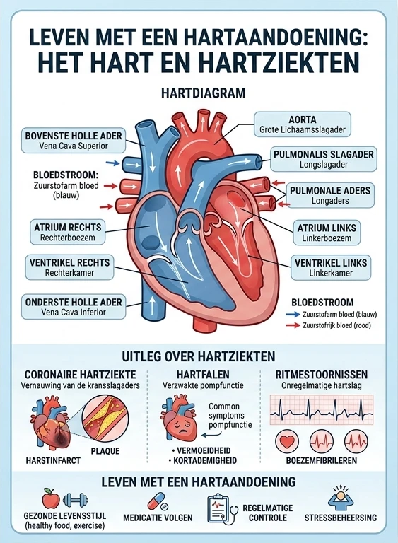 Illustratie van leven met een hartaandoening met hartdiagram en bloedvaten