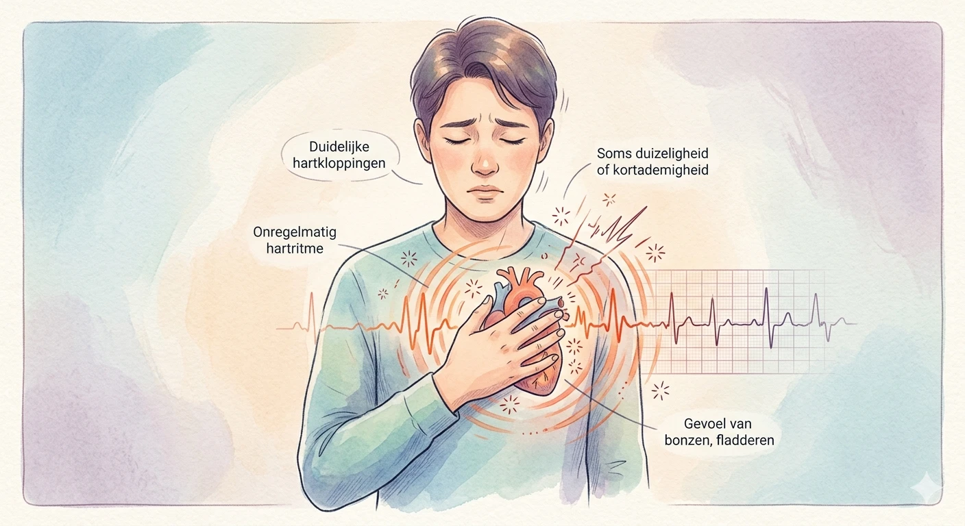 Illustratie van symptomen van hartkloppingen en onregelmatige hartslag bij een persoon