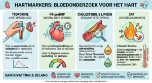 Infographic bloedonderzoek naar hartmarkers met troponine waarde, NT-proBNP waarde en CRP ontsteking