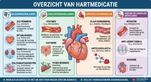 Infographic over medicatie hartziekten, inclusief bloeddrukverlagers en cholesterolverlagers