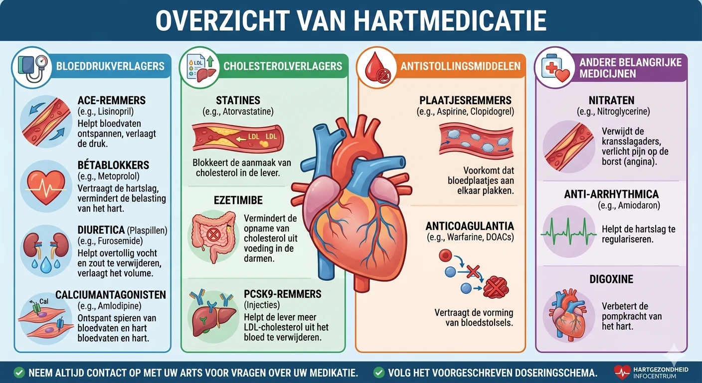 Infographic over medicatie hartziekten, inclusief bloeddrukverlagers en cholesterolverlagers
