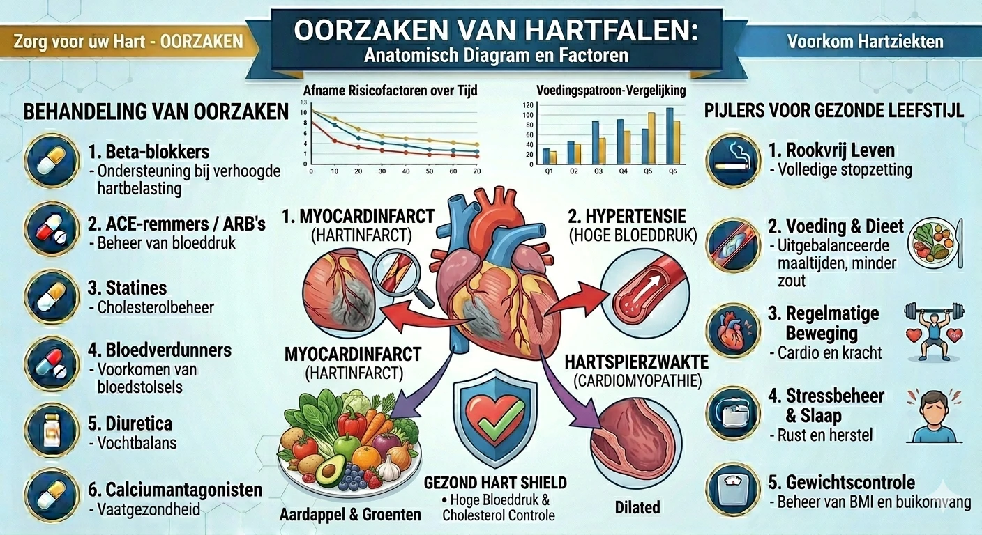 Oorzaken hartfalen zoals hartinfarct en hoge bloeddruk in anatomisch diagram