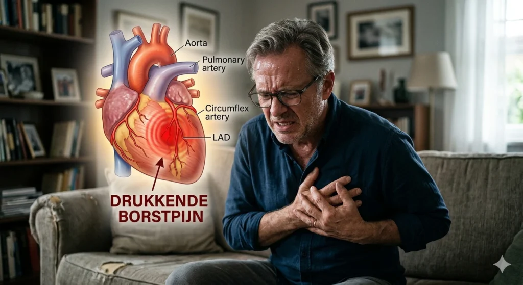 Realistische medische illustratie van een mens met drukkende borstpijn en hartvisualisatie op achtergrond_resultaat