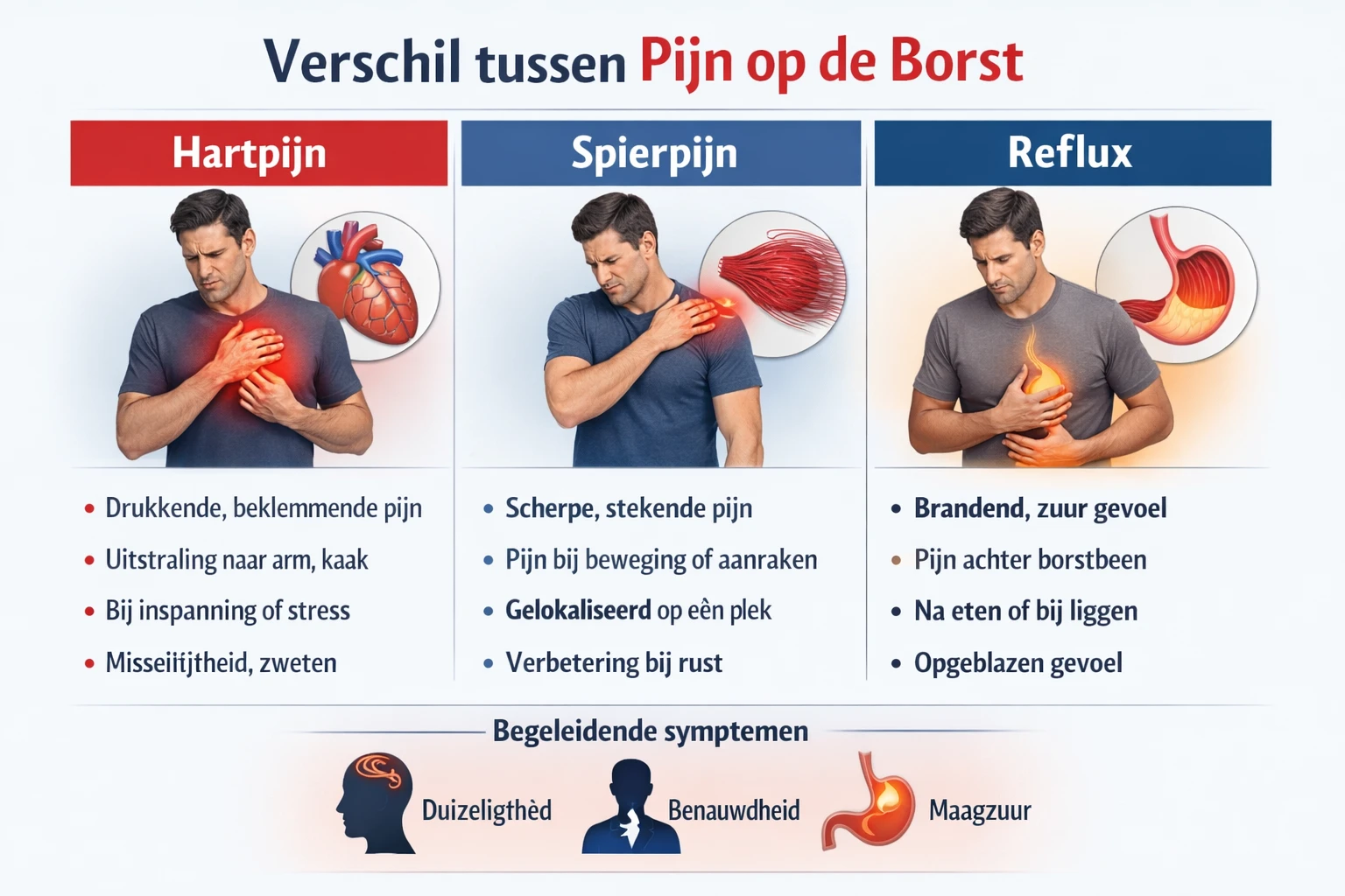 Vergelijkende medische poster hartpijn vs spierpijn vs reflux klachten op borst_resultaat