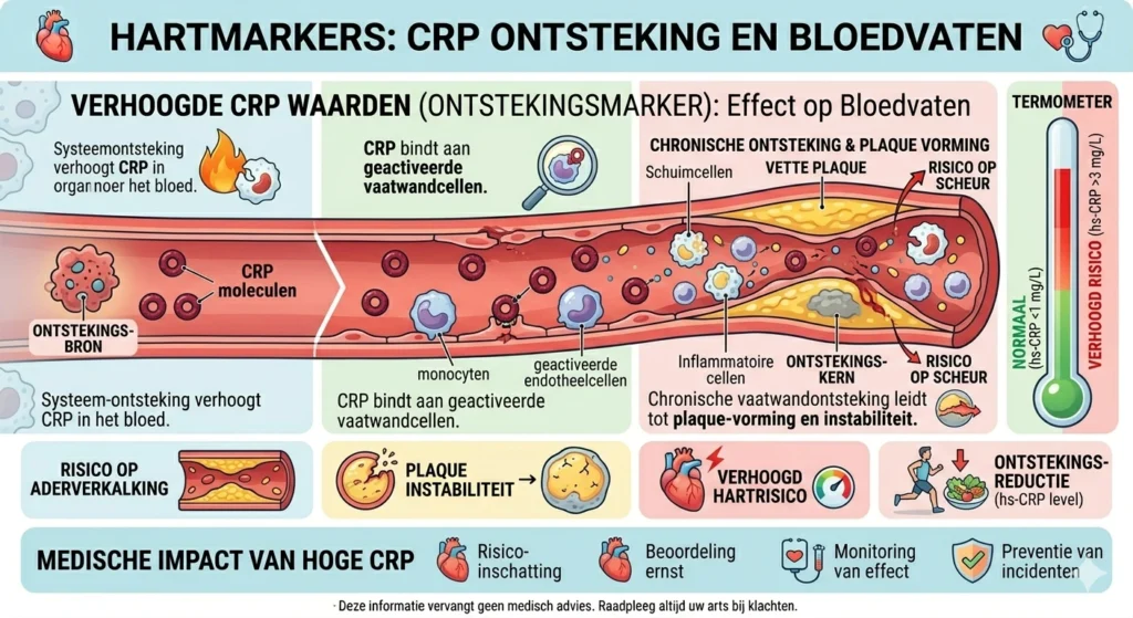 Visualisatie CRP ontsteking in bloed en effect op bloedvaten
