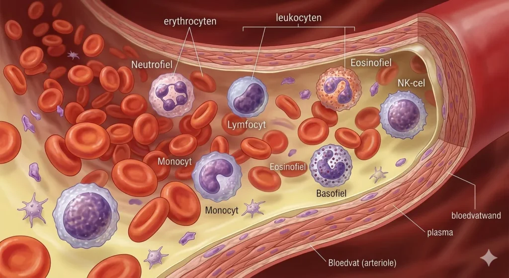 Visualisatie van bloedcellen (erythrocyten, leukocyten en trombocyten). Bloedsomloop