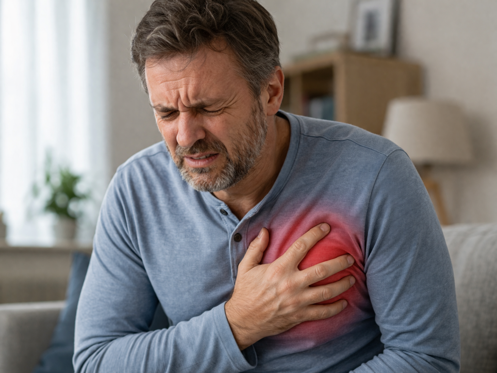 Man met pijn op de borst als symptoom van hartinfarct