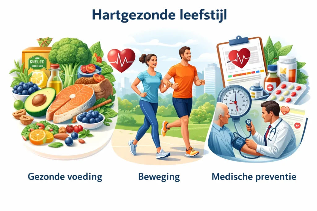 realistische en moderne illustratie van een hartgezonde leefstijl met voeding, beweging en medische preventie uitleg_resultaat