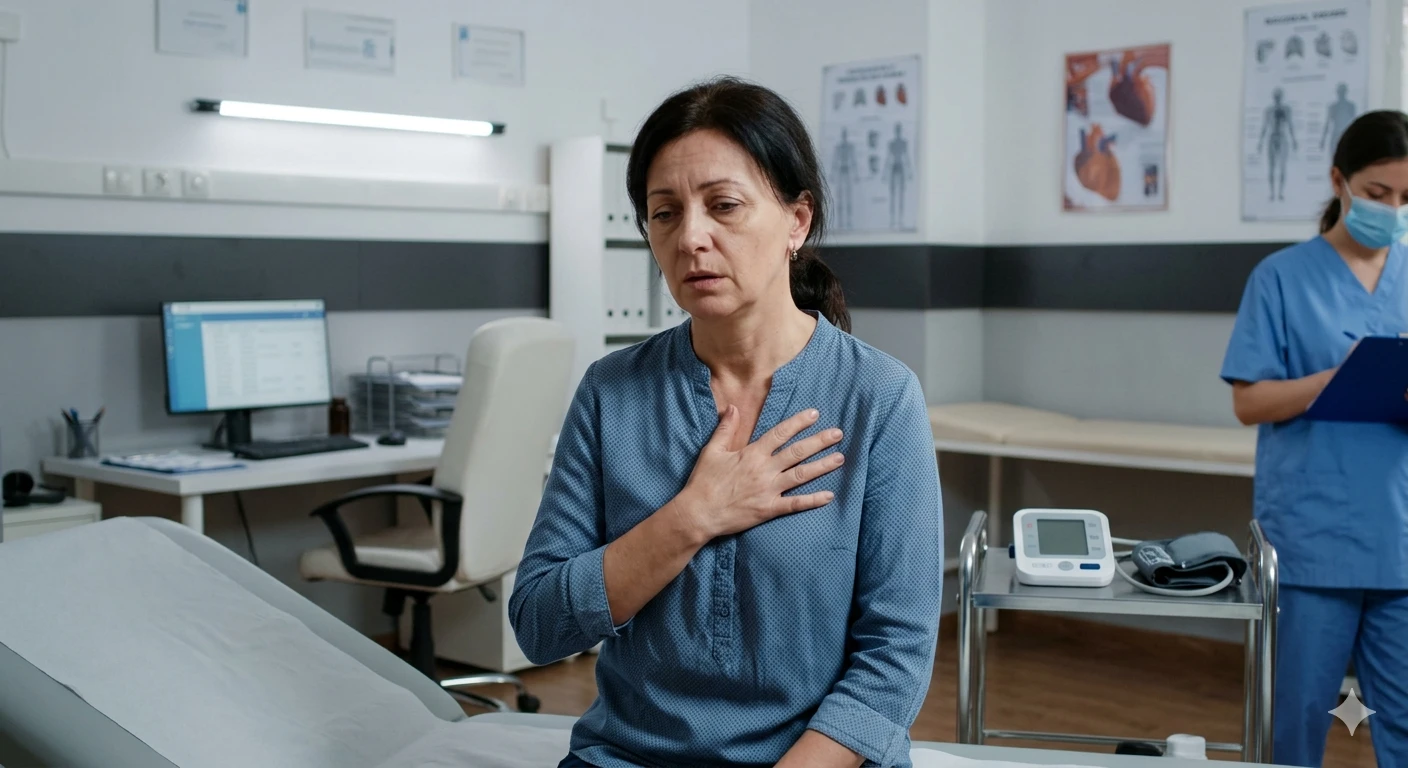 vrouw die haar borst vasthoudt met vermoeidheid en lichte kortademigheid_resultaat